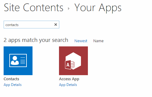 Search results showing Contacts and Access App matching "contacts" query