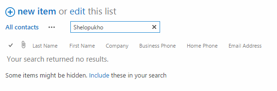 SharePoint contact list search showing no results for "Shelopukho" with options to create new item or edit lis
