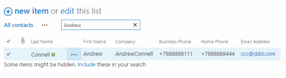 SharePoint contact list search interface with Andrew Connell entry displayed