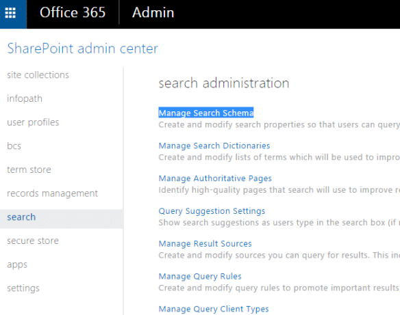 SharePoint admin center search administration options menu