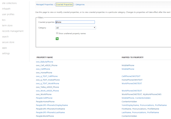 SharePoint managed properties interface showing created properties filtered by phone with property mappings displayed.