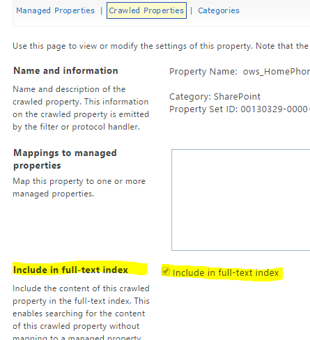 SharePoint crawled property configuration settings for ows_HomePhor with indexing options.