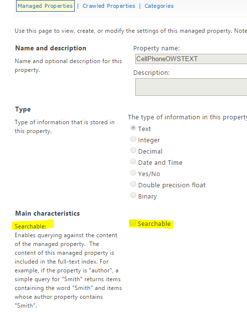SharePoint managed property settings page for CellPhoneOWST EXT with searchable text type selected.