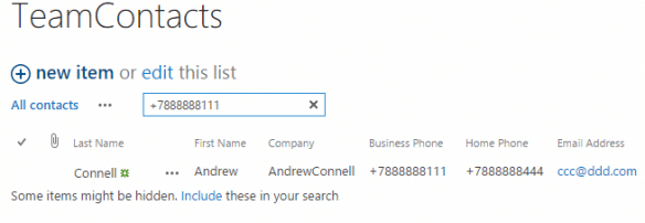 SharePoint Team Contacts list displaying contact record with name, phone, email, and company fields.