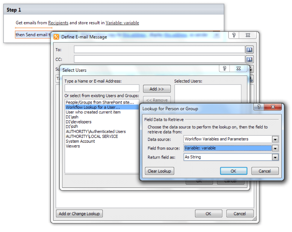 SharePoint Designer workflow dialog for configuring email recipients using a lookup function to retrieve user data from 