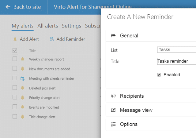 SharePoint Online reminder creation form showing General settings with Title field and Enabled checkbox