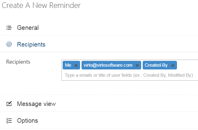 SharePoint reminder creation form with General settings, Recipients field, Message view, and Options sections.