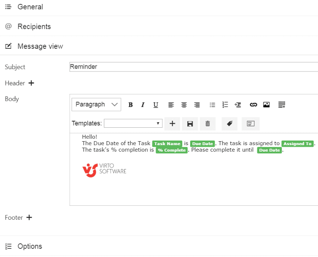 Email template editor showing reminder message with task details and formatting options