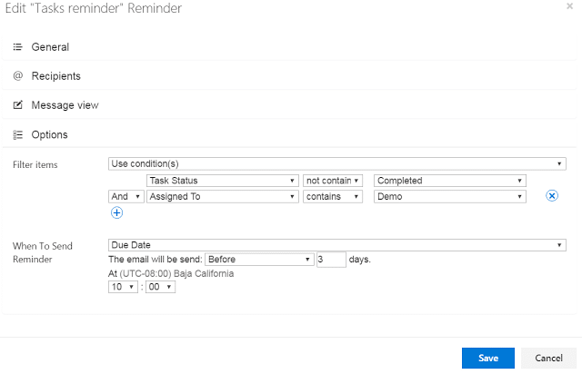 SharePoint reminder email configuration dialog showing filter options and send timing settings.
