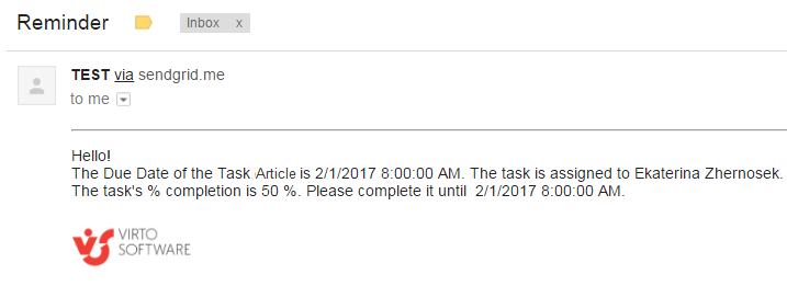 Email reminder notification for incomplete task assignment with 50% completion status
