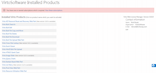 VirtoSoftware installed products list showing various Virto components and licensing information.