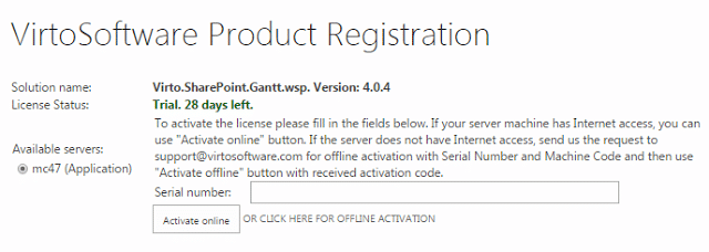 VirtoSoftware Product Registration dialog showing trial license with 28 days remaining