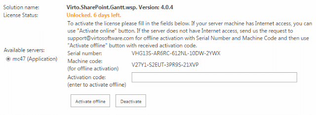 Virto SharePoint Gantt license activation interface showing unlicensed status and activation options.