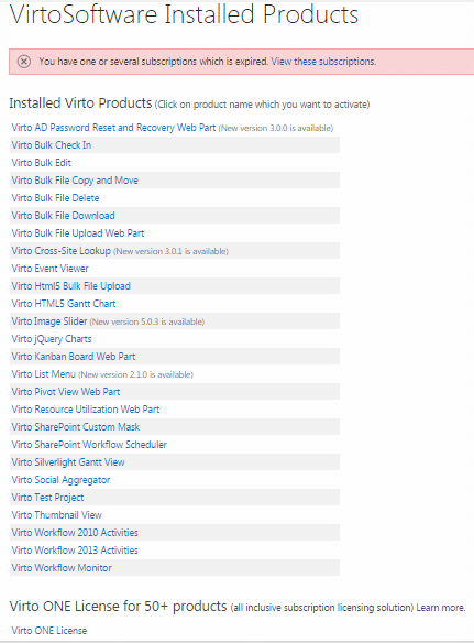 VirtoSoftware installed products list showing expired subscriptions warning and 30+ available Virto components.