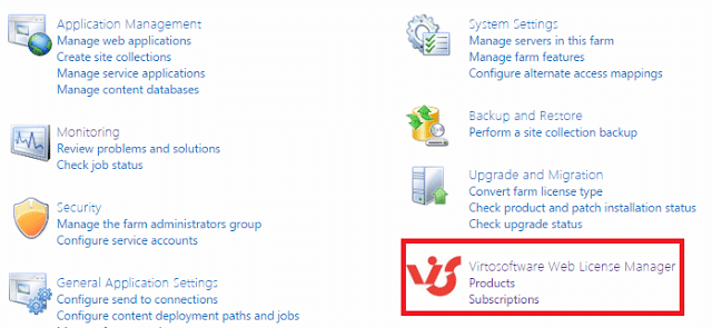 SharePoint Central Administration page with management options and Virto Web License Manager highlighted.