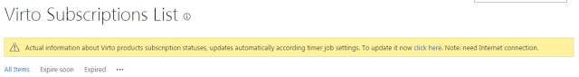 Virto Subscriptions List interface showing subscription status tabs and update notification