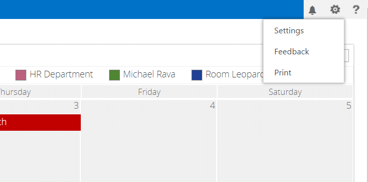 Calendar interface showing HR Department, Michael Rava, and Room Leopard events across Thursday through Saturday.