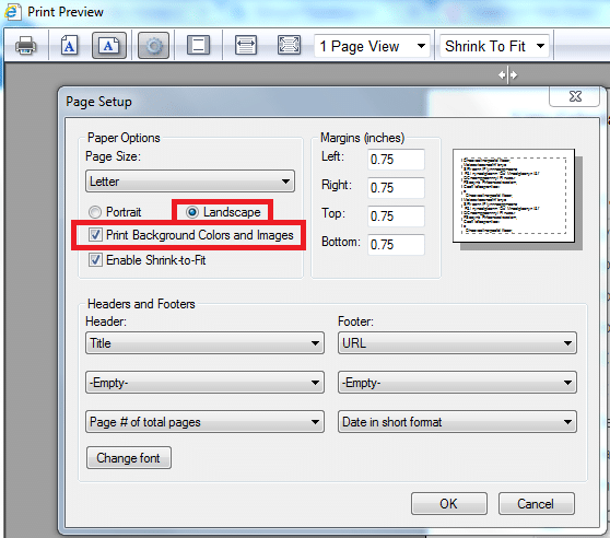 Print Preview Page Setup dialog with paper options, margins, and headers/footers settings.