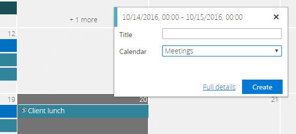 Calendar event creation dialog with date range and Meetings calendar selected