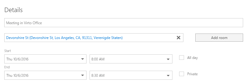 Calendar event details form with meeting location, date, and time fields