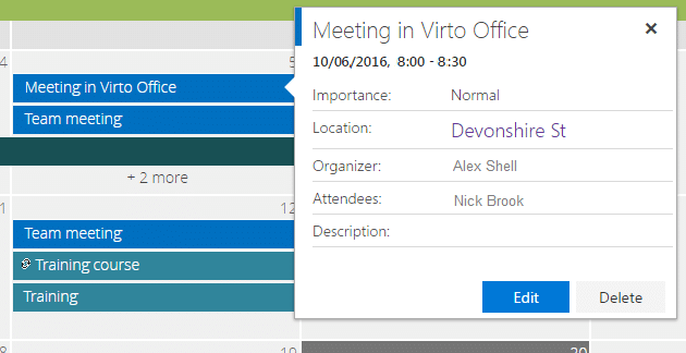 Calendar event details popup showing meeting information for Virto Office on 10/06/2016