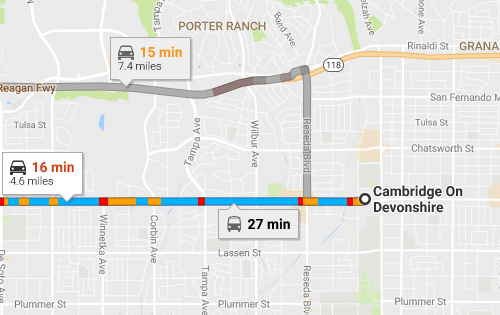 Map showing travel times and routes between locations in Tulsa, Oklahoma area.