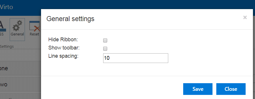 General settings dialog with Hide Ribbon, Show toolbar, and Line spacing options set to 10.
