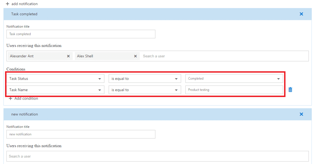 Notification settings interface showing task completion alerts with user recipients and conditions.