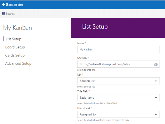 Virto Kanban list setup configuration form showing name, site URL, list, title field, and users field dropdowns