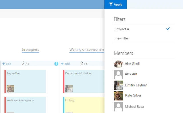 Kanban board showing task columns with filters and team members list on the right side