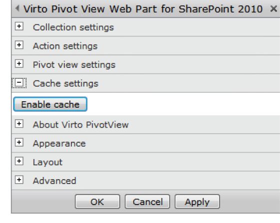 Virto PivotView cache settings dialog with Enable cache option highlighted in SharePoint 2010