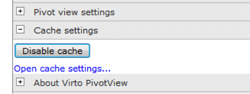 Menu showing PivotView settings including cache options and disable cache button