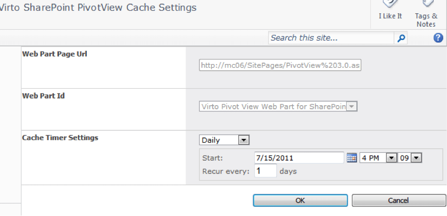 Virto SharePoint PivotView Cache Settings configuration form with web part details and daily cache timer options.
