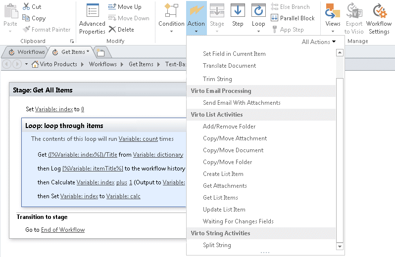 SharePoint workflow designer showing a "Get All Items" stage with loop configuration and email processing acti