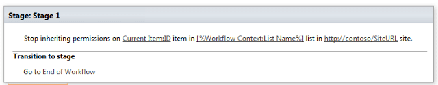 SharePoint workflow stage 1 instruction showing permission inheritance settings and transition options.