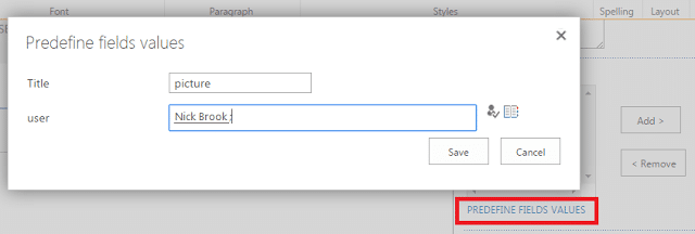 Dialog box for predefining field values with title and user fields in SharePoint