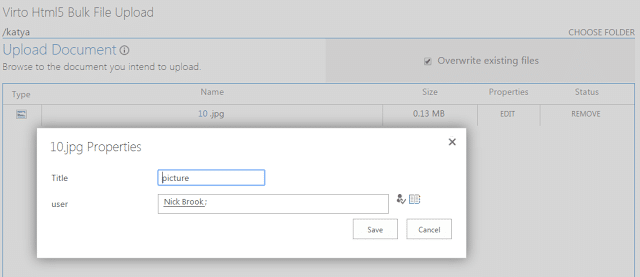 File properties dialog for 10.jpg upload showing title and user fields