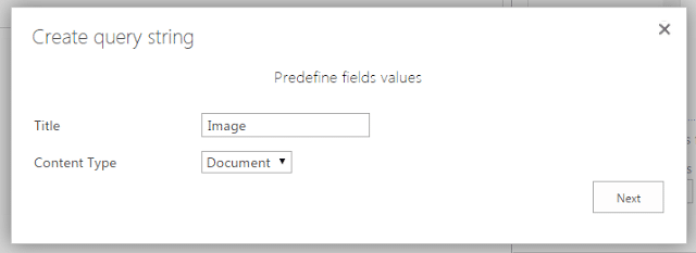 Create query string dialog with Title and Content Type fields for SharePoint configuration