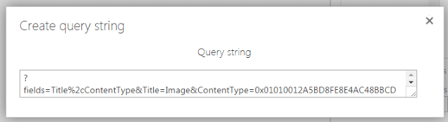 Query string dialog box displaying SharePoint field parameters and content type filters.