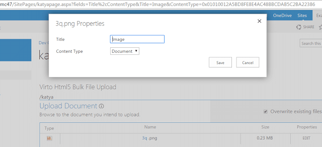 SharePoint file properties dialog showing image upload with title and content type fields