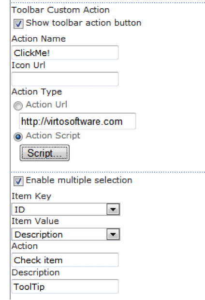 Toolbar Custom Action settings dialog with action name, icon URL, action type options, and multiple selection configurat