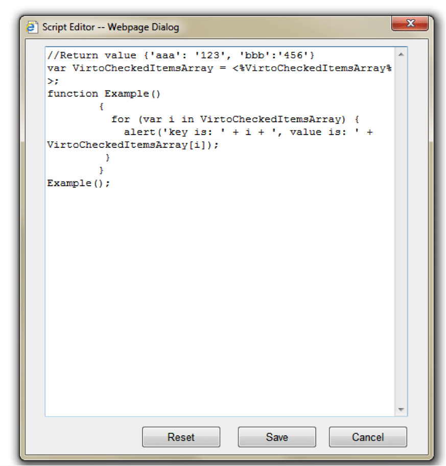 Script editor dialog with JavaScript code for iterating through checked items array