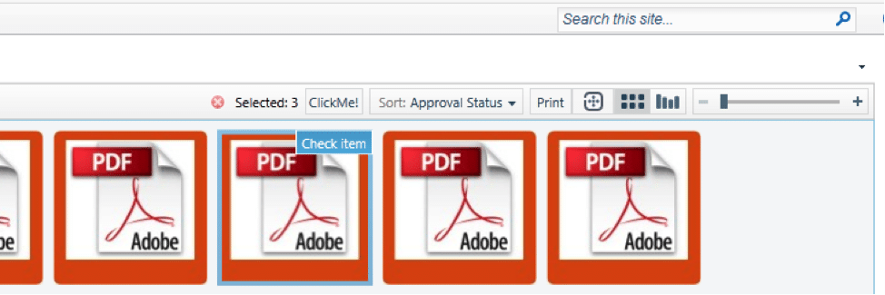 Multiple PDF document icons displayed in a SharePoint interface with selection options