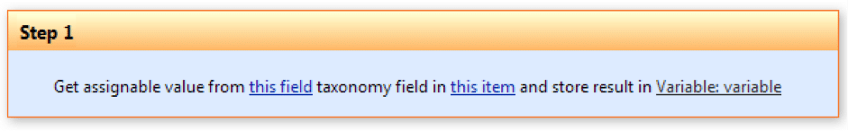 SharePoint workflow step showing taxonomy field value retrieval and variable assignment