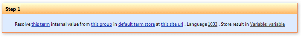 SharePoint taxonomy field configuration showing Step 1 with term resolution parameters