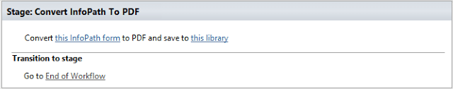 Stage showing InfoPath to PDF conversion workflow with transition option