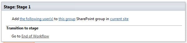 SharePoint workflow stage 1 configuration showing user addition to group and transition options