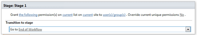 SharePoint workflow stage configuration showing permission grant options and workflow transition controls