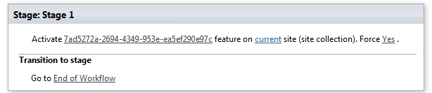 SharePoint workflow Stage 1 configuration showing feature activation and transition options