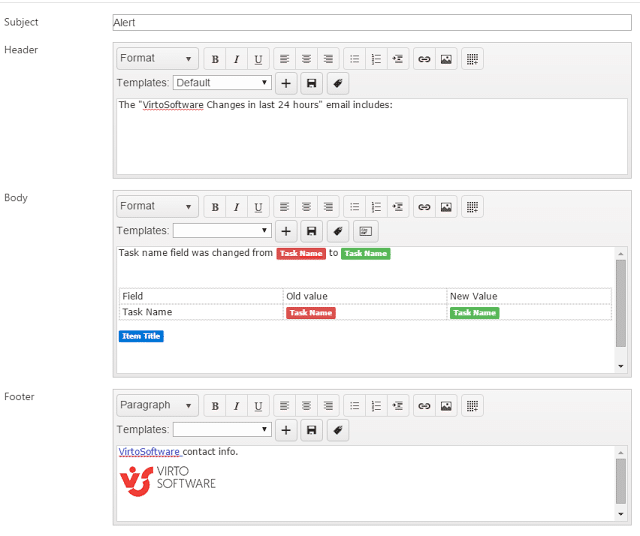 Email alert template showing field changes with old and new values in red and green badges.